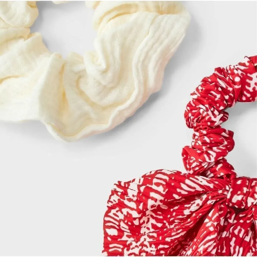 Universal Thread Red Cream Crinkle Hair Scrunchie Twisters with Tail Set 2pc New